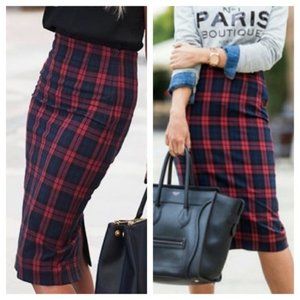 Zara Red Blue Plaid High Waist Pencil Skirt Size M